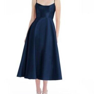 ALFRED SUNG D799 Spaghetti Strap Satin Midi Size 16 Navy